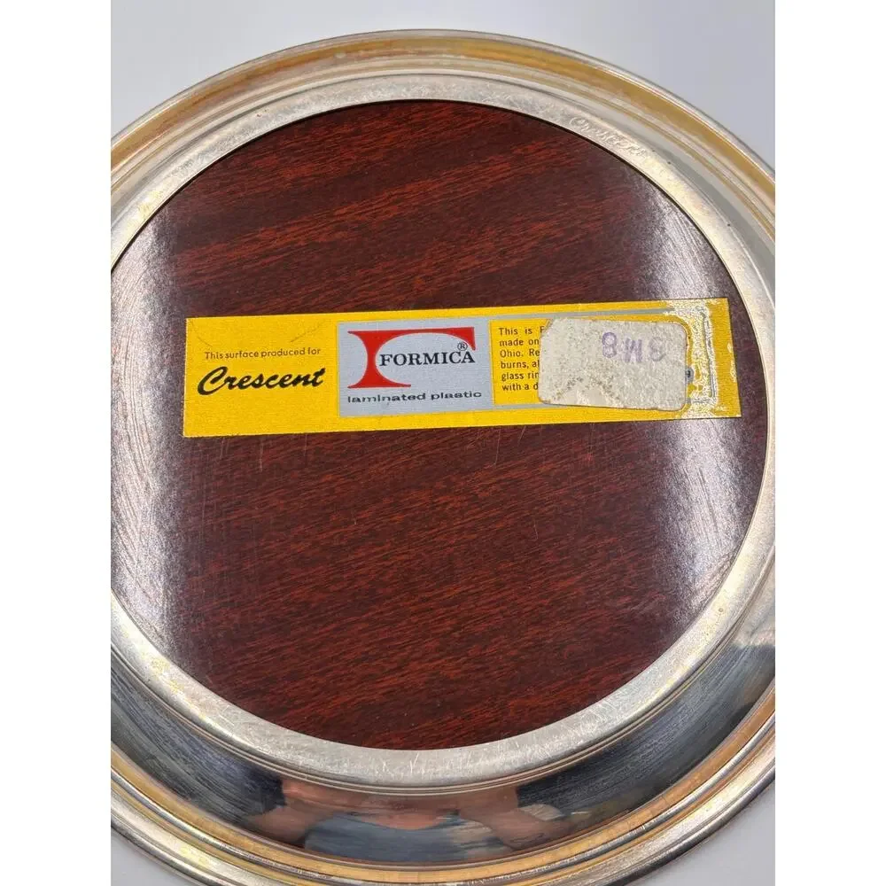 Vintage Crescent Silverplate Formica Coaster Set Wood Grain Bar Trays MCM